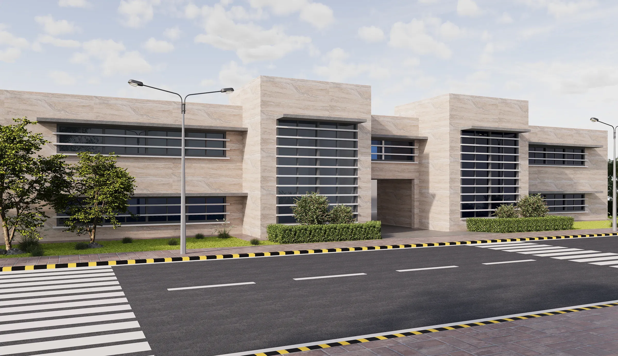 Design render of an office building in travertine MCM