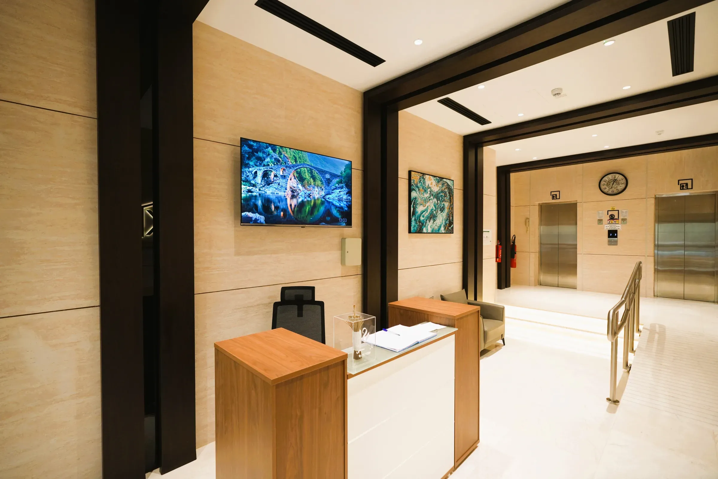 Lobby clad in Rome travertine